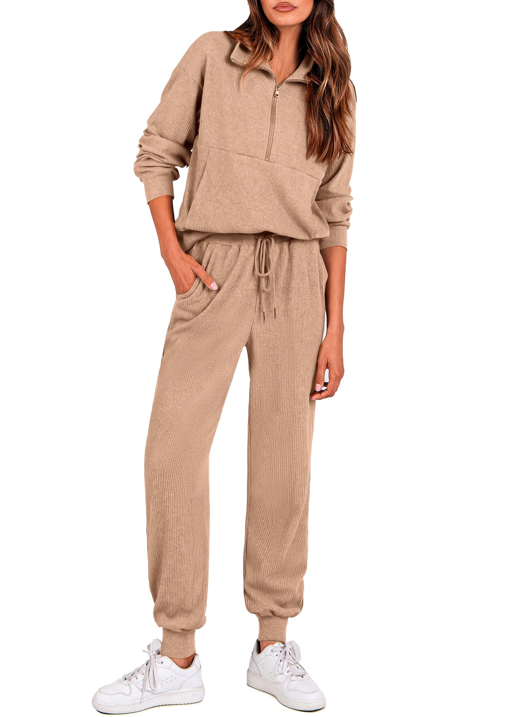 PRETTYGARDEN Airport Travel Outfit Women Ribbed Knit Matching Lounge Sets