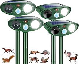 4 Pcs Solar Ultrasonic Animal Repeller Outdoor Cat Repellent Deer Repeller with Strobe Light,Waterproof Animal Deterrent Devices for Rabbit Raccoon Squirrel Dog Coyote Skunk Repellent for Yard Garden