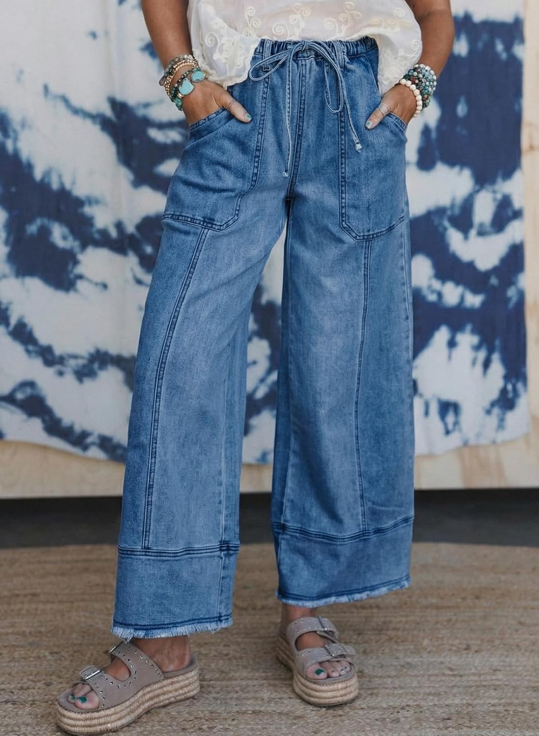 SHEWIN Women's Wide Leg Jeans High Waisted Baggy Jeans Stretchy Drawstring Denim Pants