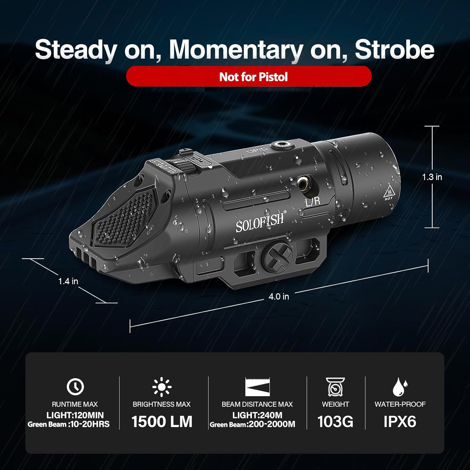 Solofish 1500lm Slidable Tactical Flashlight with Green Beam Compatible with Picatinny Rail for Rifle (Not for Pistol), Rechargeable Weapon Light with Strobe/Momentary/Power Indicator