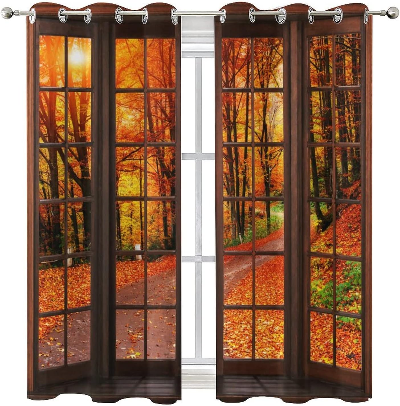 Fall Natural Scenery Ultra Soft Premier Blackout Curtains,Autumn Maple Leaves Forest Open Window DesignThermal Insulated Bedroom Noise Reducing Patio Door Grommet Top,2 Panels 63L x 27.5W