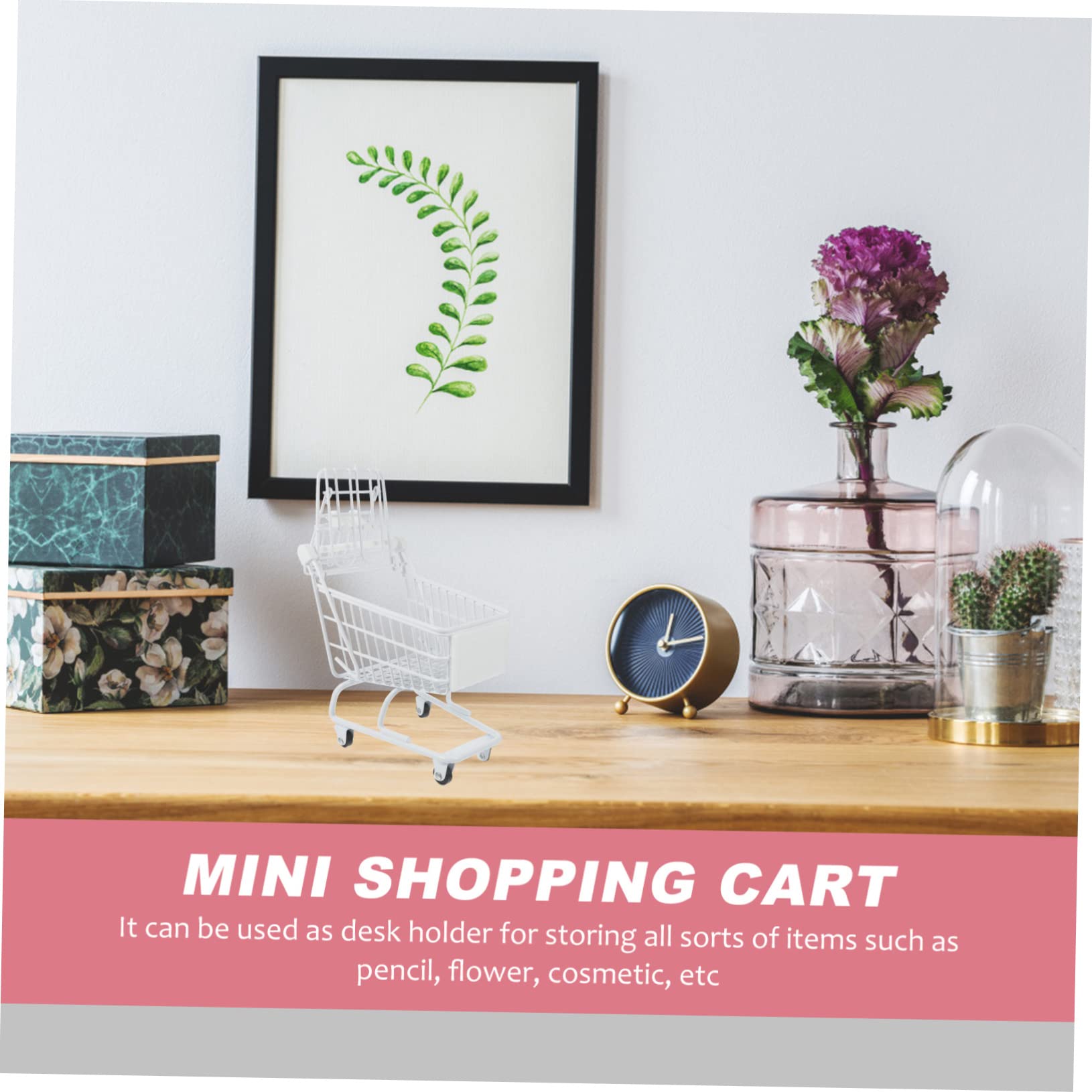 Vaguelly Lovely Mini Shopping Cart Decorative Handcart for Play and Office Desk Accessories Functional Trolley Model with Rolling Wheels for Hamper and Storage