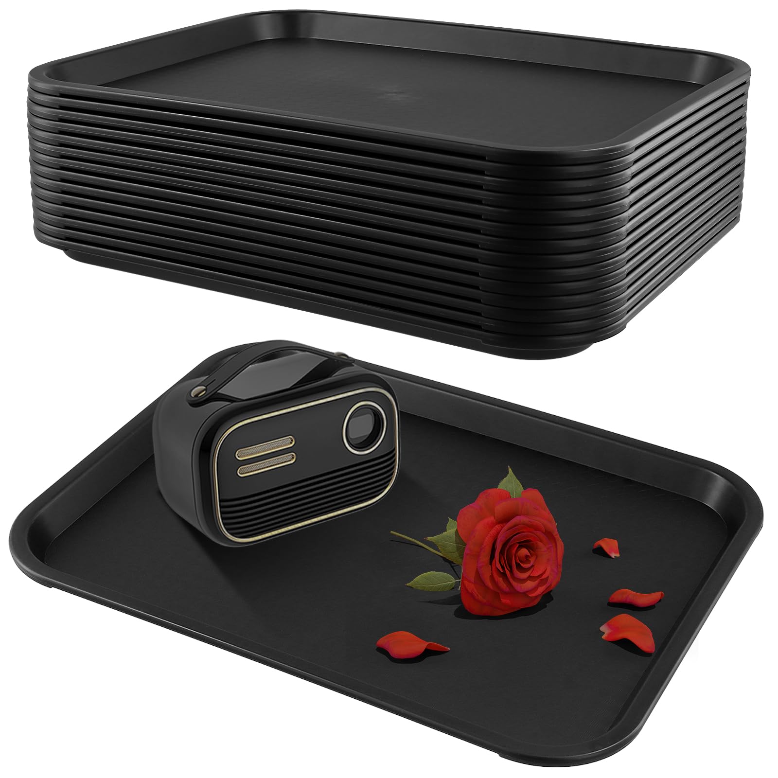 Soujap Black 15 Pcs 35 X 27Cm Fast Food Trays, 13.8 X 10.6 Inch Rectangular Serving Trays, Plastic Lunch Food Tray For Cafeteria Restaurant