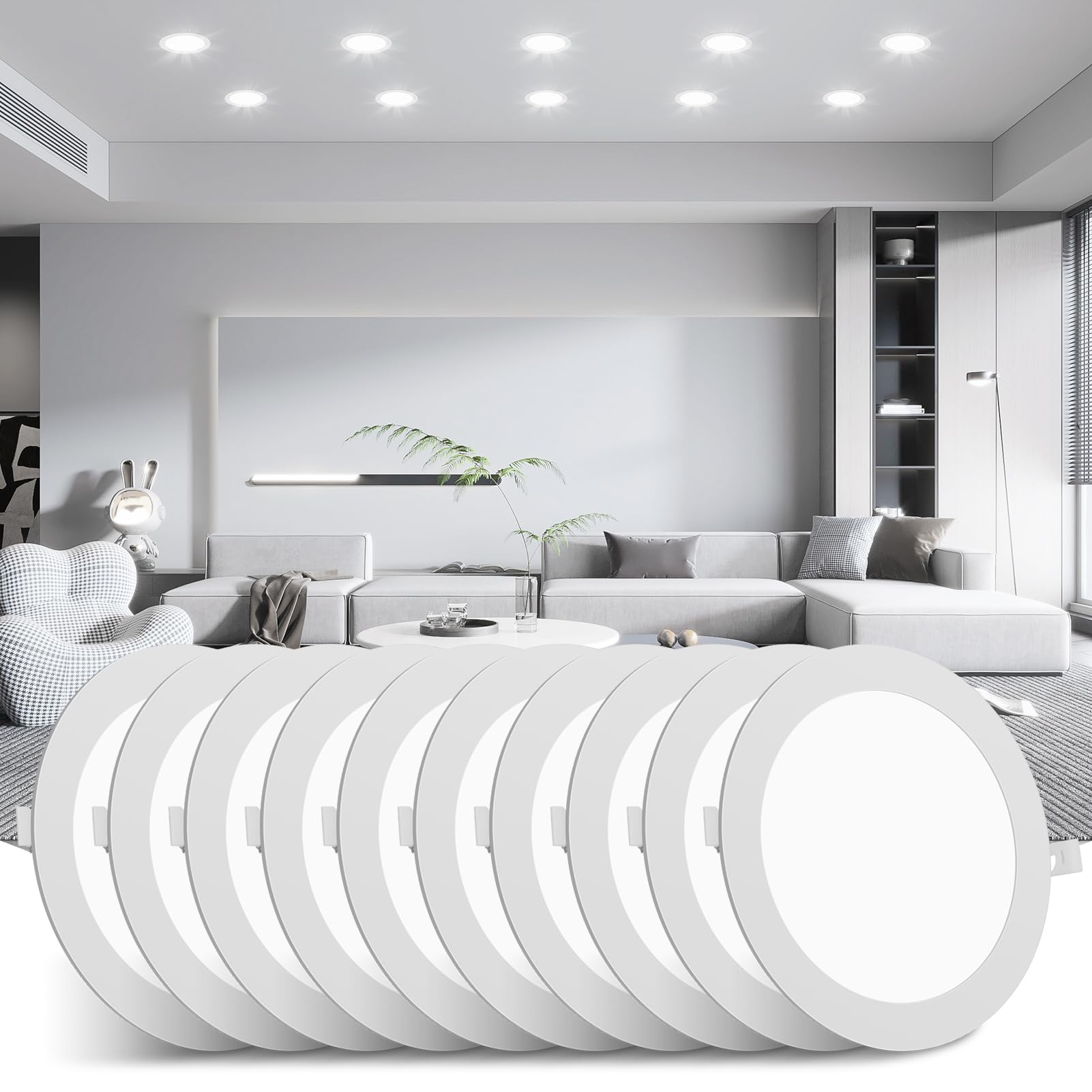 Litglobe LED Downlights for Ceiling 24W 10 Pack,6500K Cool White Recessed Ceiling Lights,2160LM Ultra Slim Spot Lights,Cutout Φ280mm Round Spotlights for Bathroom Bedroom Kitchen Living Room