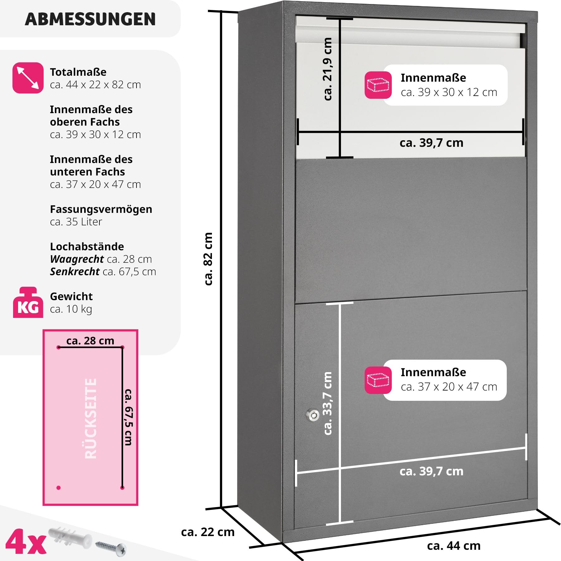 tectake® Paketbox, Briefkasten groß, Postkasten mit Schloss, 44 x 22 x 82 cm, mit Rückholsperre, Briefkasten XXL für Paket und Brief, massiv, Wandmontage, ermöglicht kontaktlose Zustellung