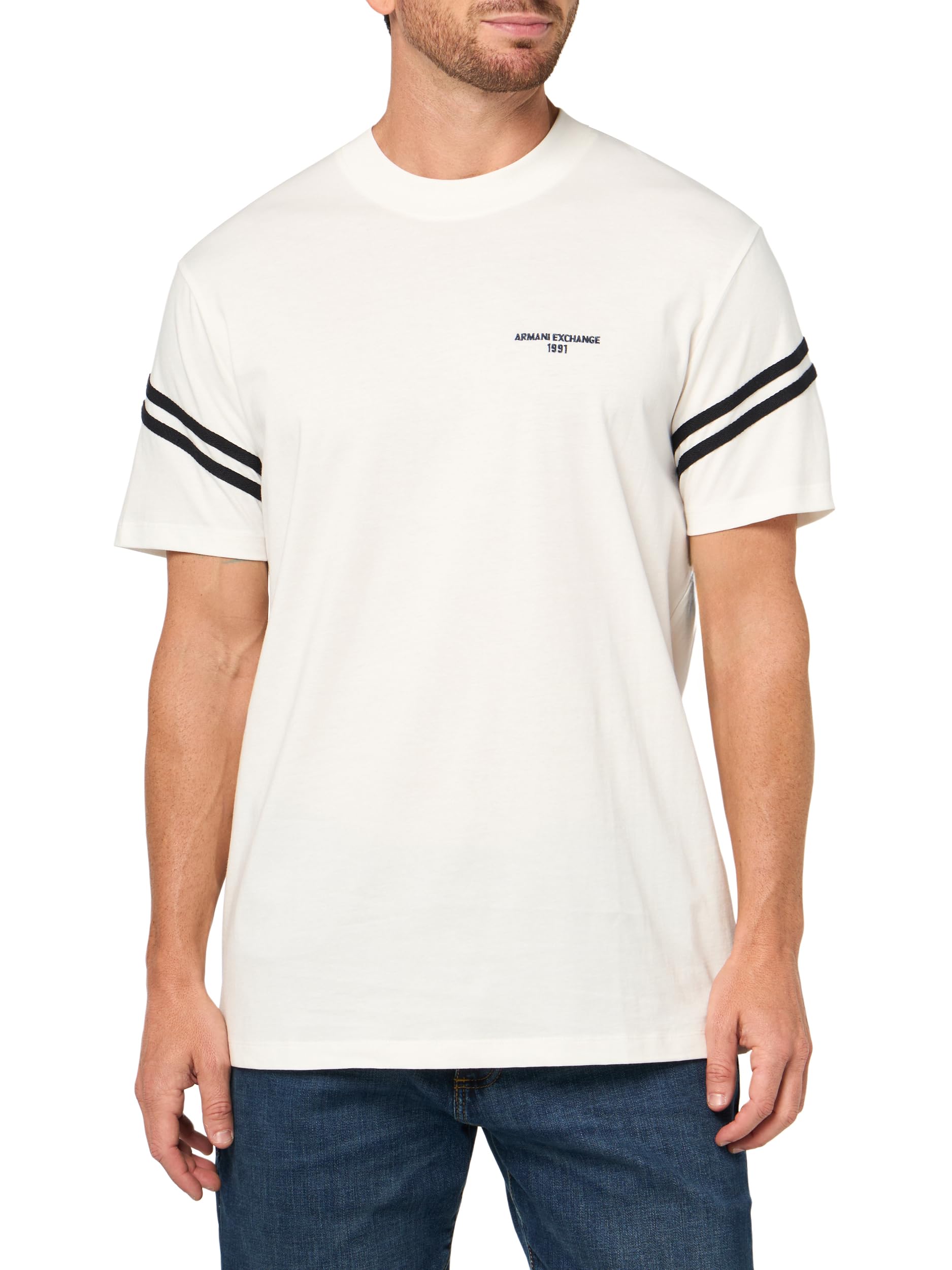 Armani Exchange Camiseta de Cuello Redondo con Logotipo de Rayas para Hombre, Color Blanco, Blanco Crudo, L
