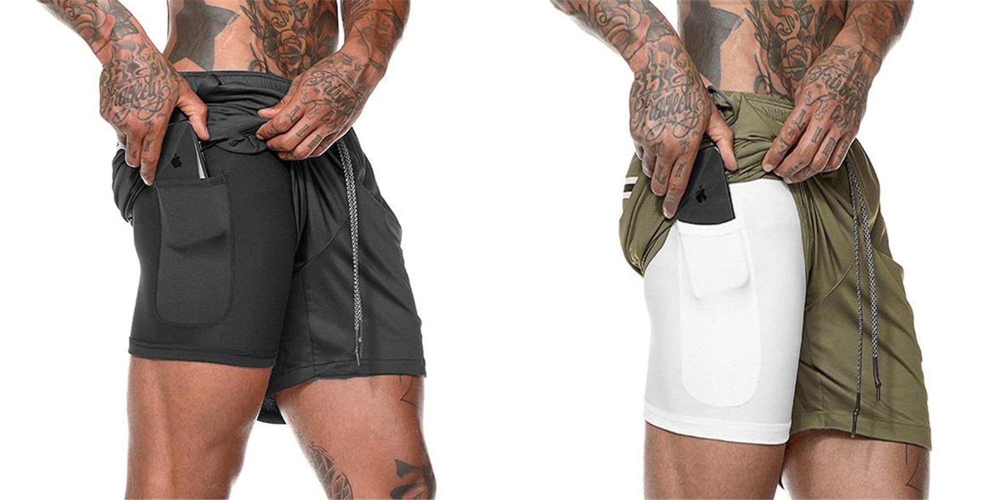 Mens 2 in 1 Shorts Workout Running Gym Athletic Shorts 7 Short with Pockets