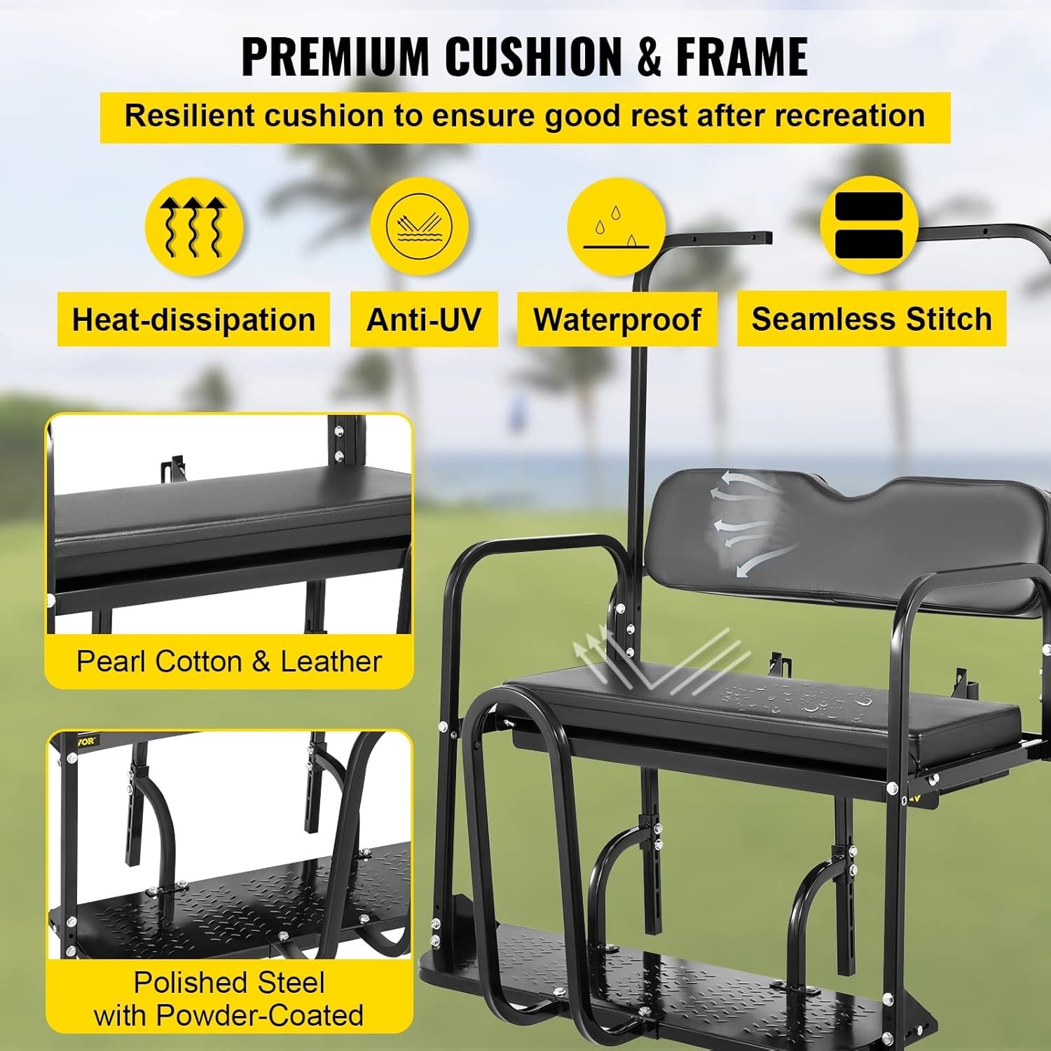 Golf Cart Rear Seat Kit Club DS 1982-2000.5 With Grab Bar & Roof Support Cushion Material Pearl Cotton & Leather Cushion
