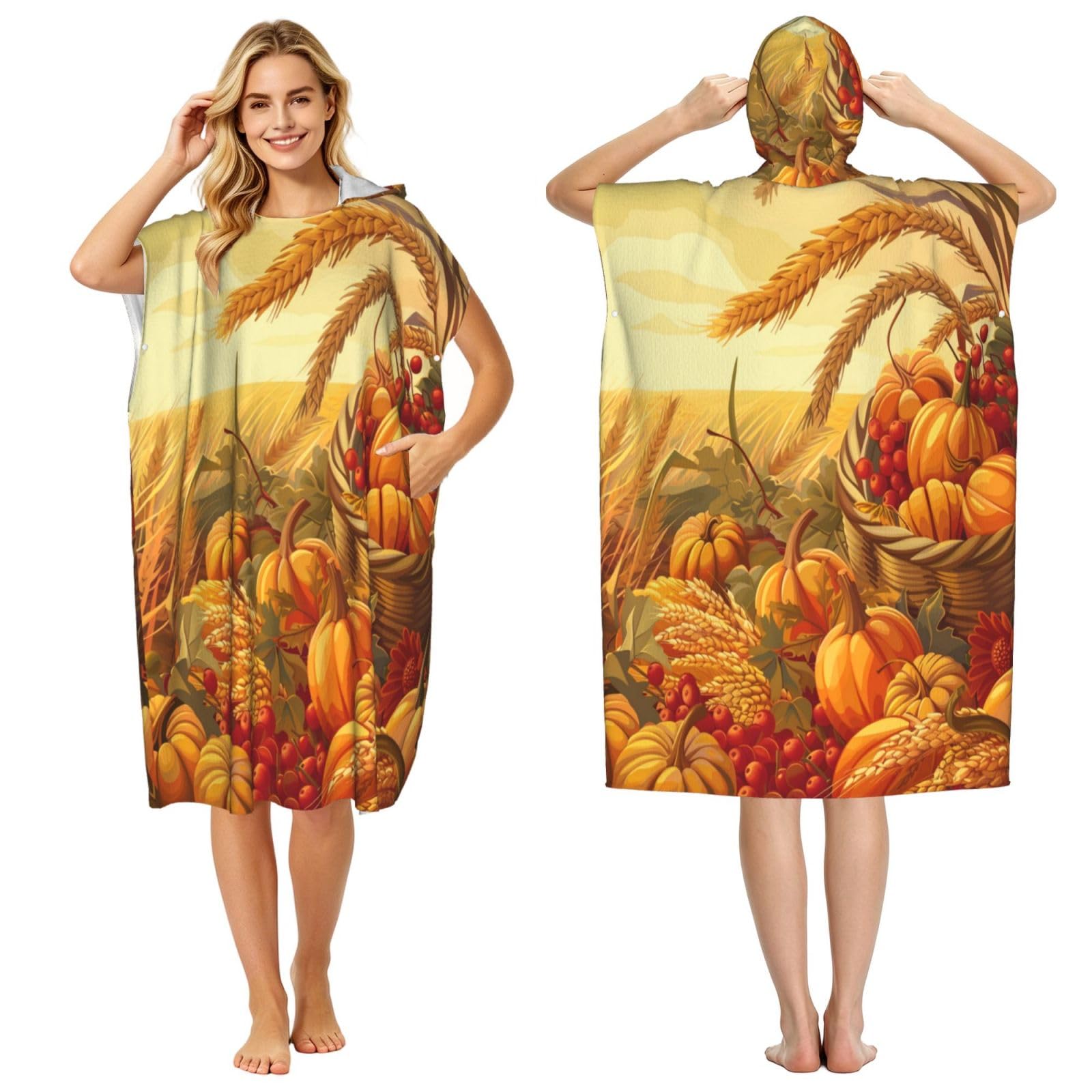 KLGRTJHK Harvest Festival Adult Hooded Beach Poncho Towel 43"X35"