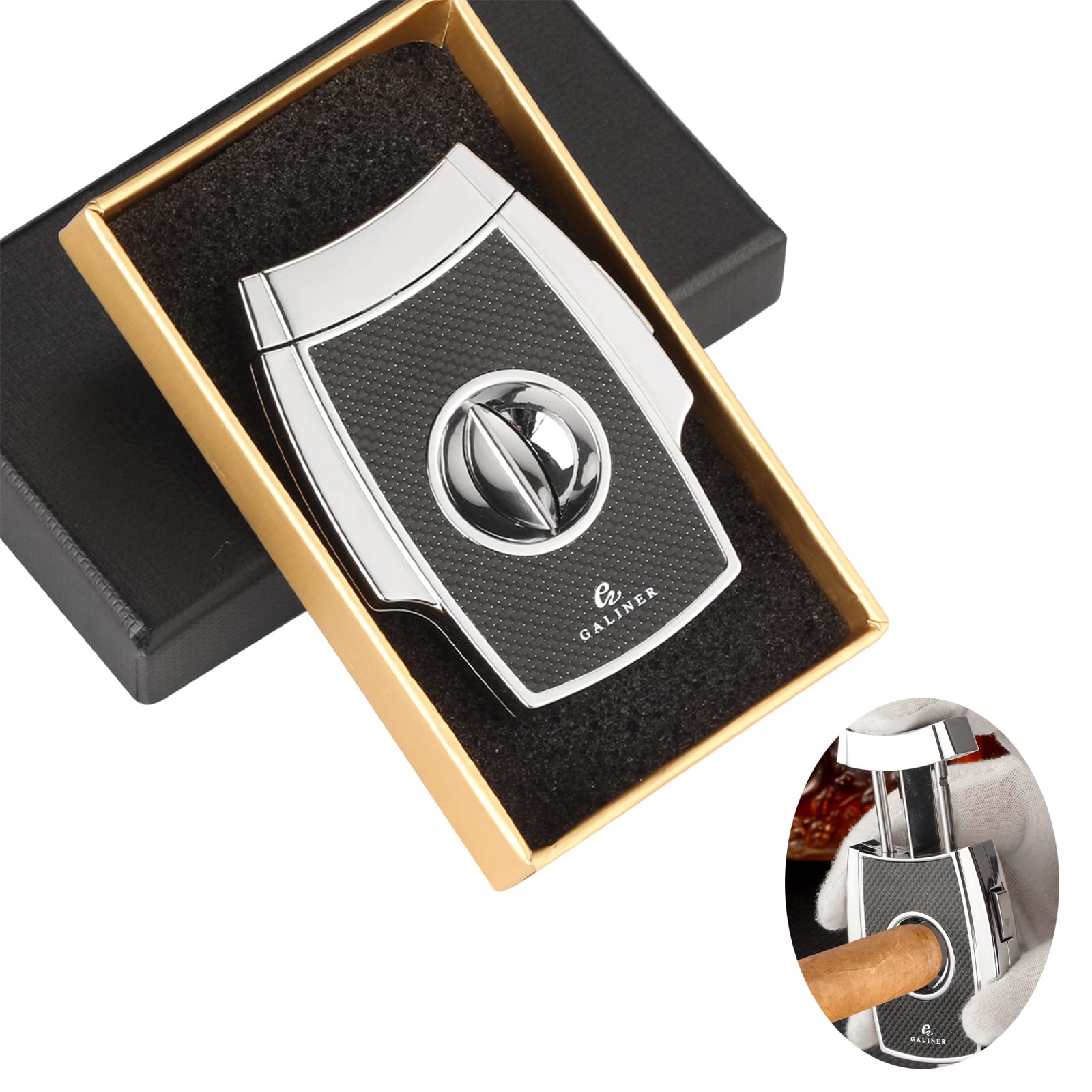 Galiner Portable Cigar Cutter V-Cut Cigar Cutter Black Stainless Steel Blade Cigar Guillotine Sharp Cigar Cutter Gift Box