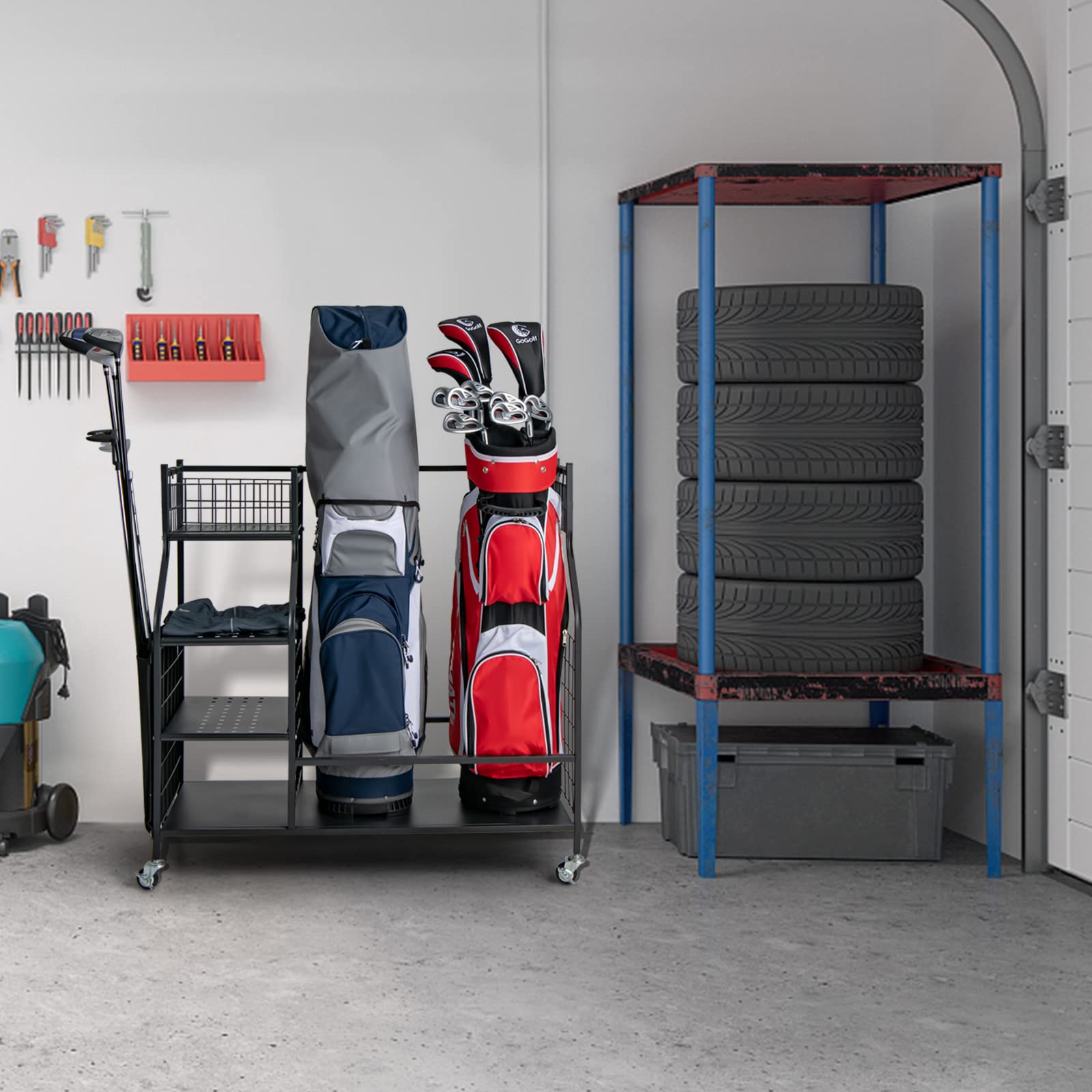 COSTWAY Organizer per Sacca da Golf per Garage, Carrello per 2 Borse da Golf con Ruote Bloccabili, Ganci e Tasche Porta Mazze da Golf, Organizer per Accessori da Golf e Attrezzature Sportive