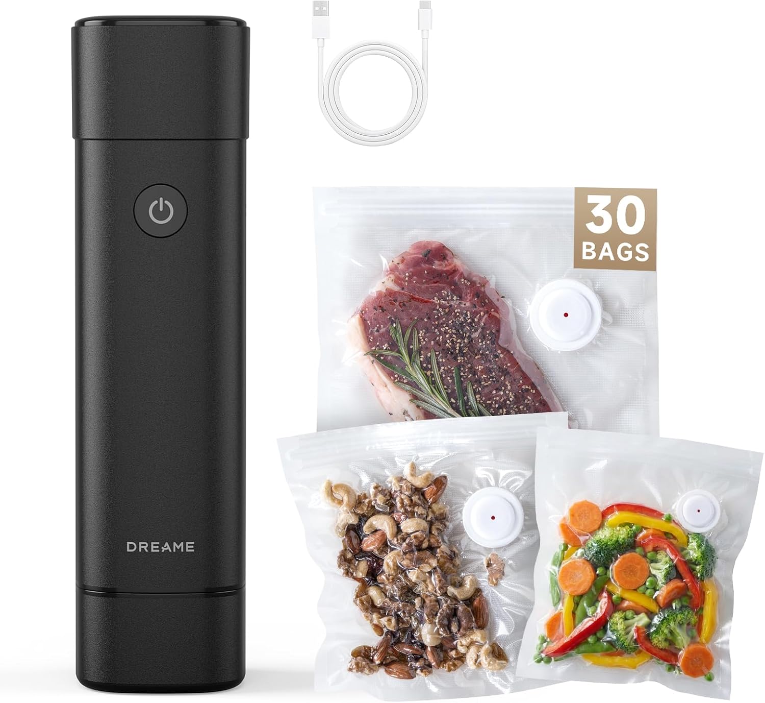 DREAME VH20 Handheld Vacuum Sealer Machine for Food with 30 Reusable Vacuum Bags, Compact Food Vacuum Sealer, Auto Stop, Rechargeable Food Sealer Saver, Dry & Moist Modes, For Container & Wine Bottles