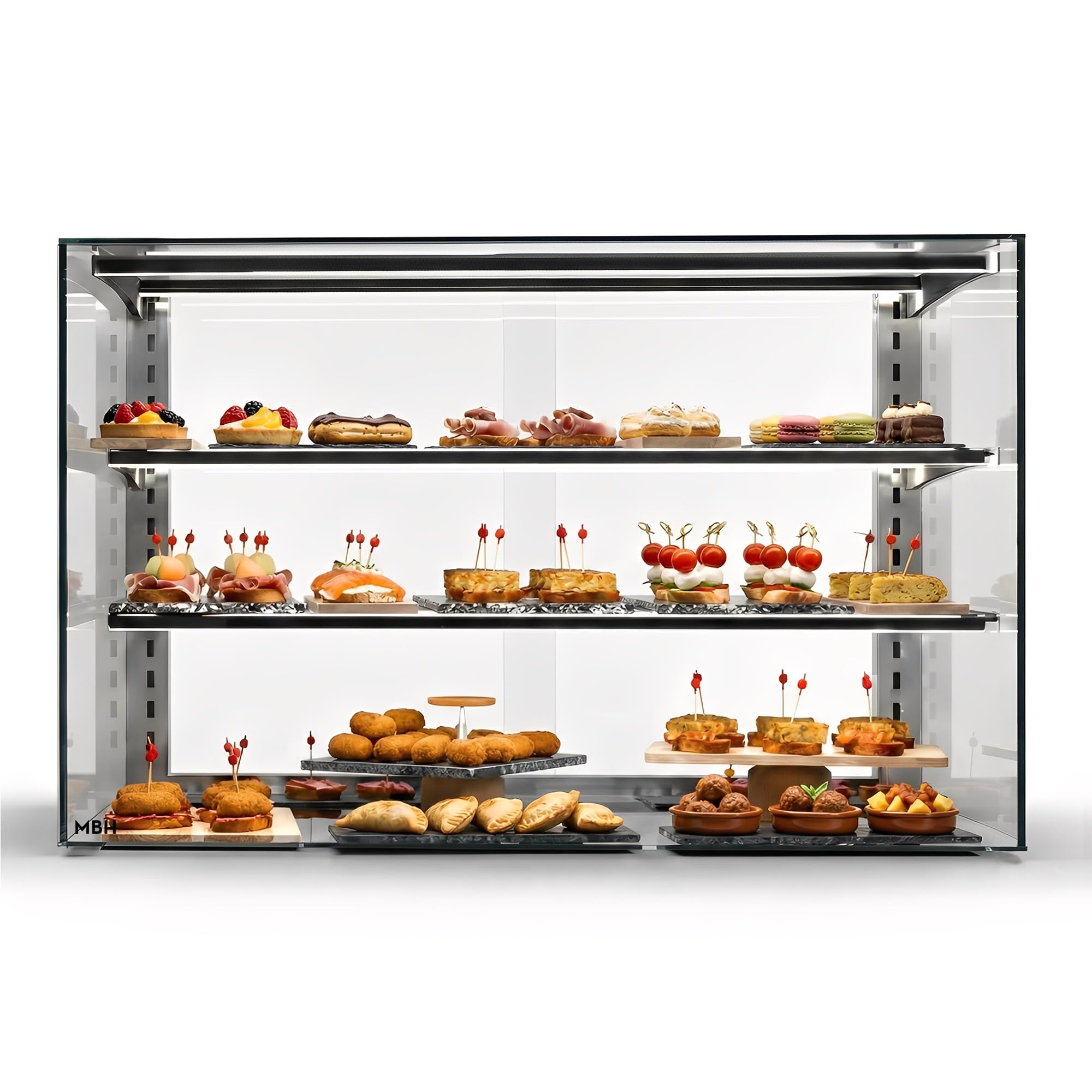 MBH – Vitrine aus gehärtetem Glas, Neutral, 3 Etagen, für Snacks, Snacks, Schaufenster, mit beleuchteten Regalen, verstellbar, für Gastronomie.