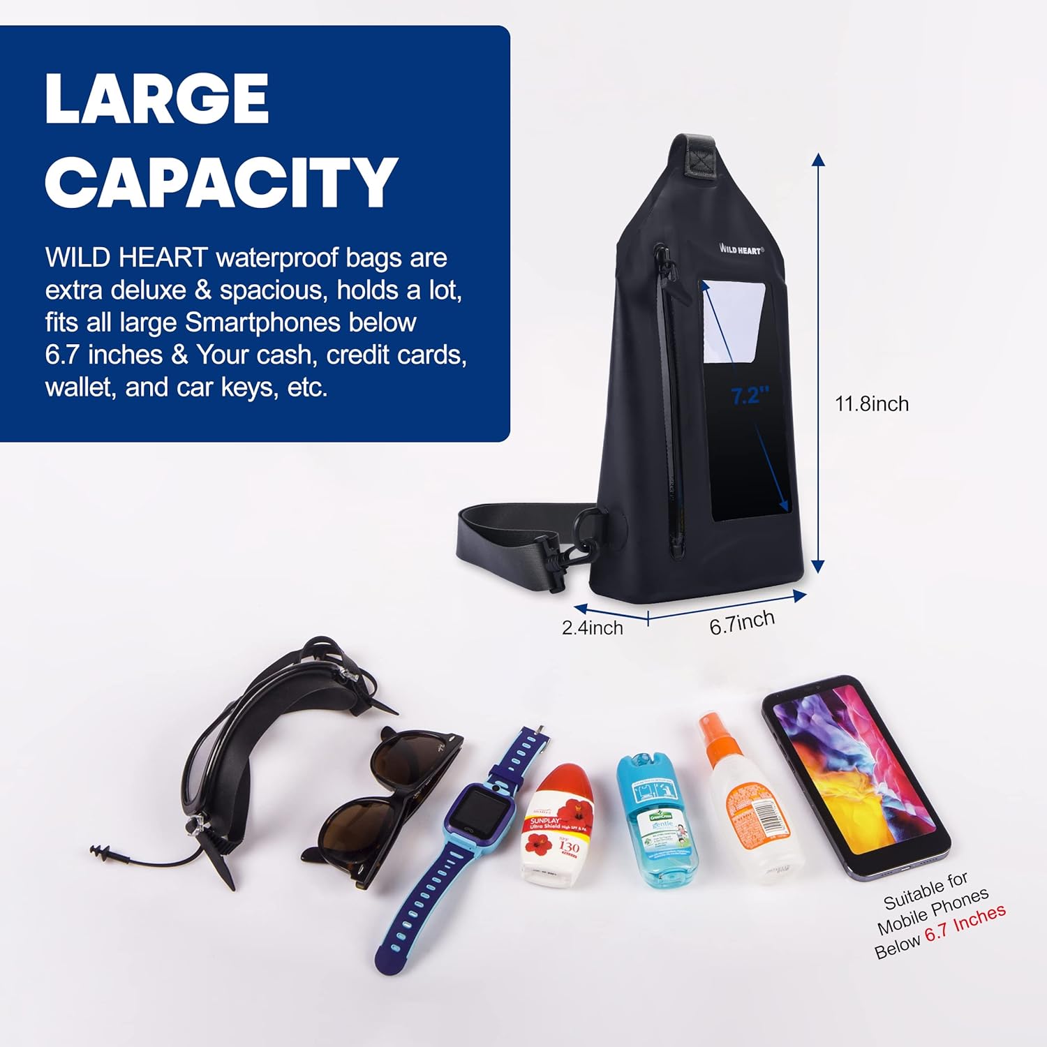 WILD HEART Waterproof Chest Sling Bag Pouch Fashion Diving Swimming Pool Beach Underwater Pouch Case Fully Waterproof Sea Fishing Diving Large Capacity Lightweight Bag