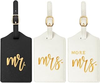 Mr, Mrs and More Mrs Luggage Tags, Embroidered Faux Leather Suitcase Tags, Wedding Gift for Couple, Honeymoon Travel Accessories, Bridal Shower & Engagement Gifts (Classic)