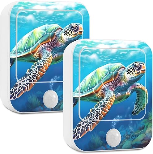 Miniatura 2 de Luces nocturnas de pared, paquete de 2 luces de noche LED de tortuga marina de color (2) sensor de atardecer a amanecer, brillo ajustable de