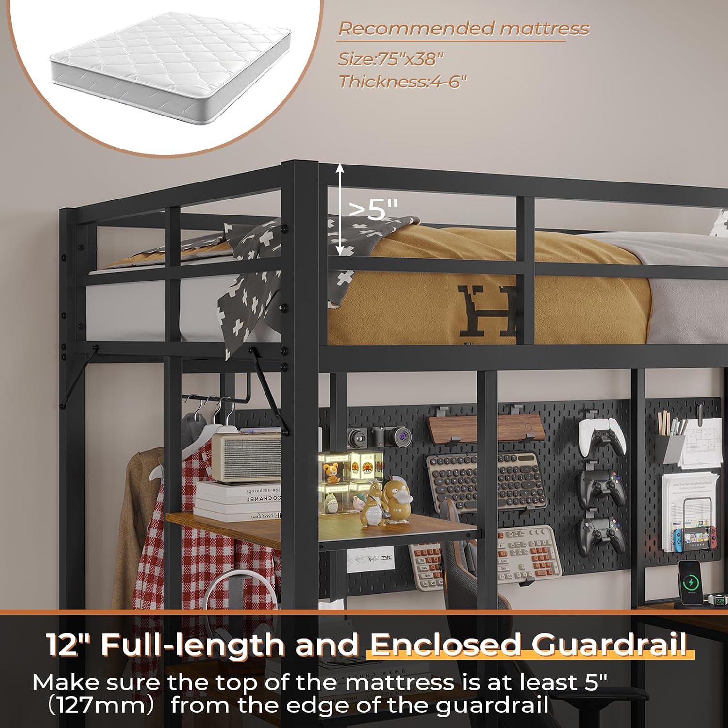 Image showing the guardrail height requirement and recommended mattress dimensions.