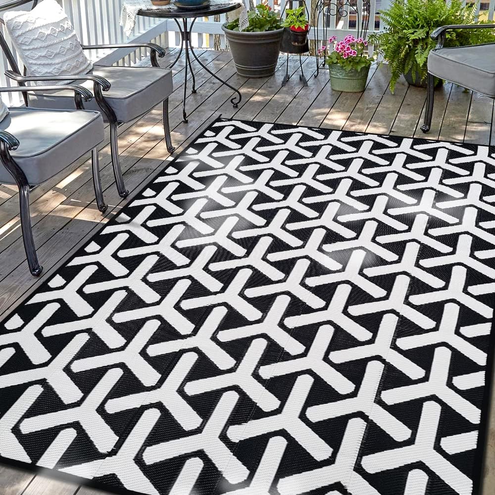 DiiKoo Outdoor Reversible Plastic Straw Rugs for Patio, RV Camping Waterproof Mat, Carpet Area Deck Porch Balcony Picnic Large mats, Outside Indoor Portable Camper, Black & White, Bohemia, 5x8ft : Home & Kitchen
