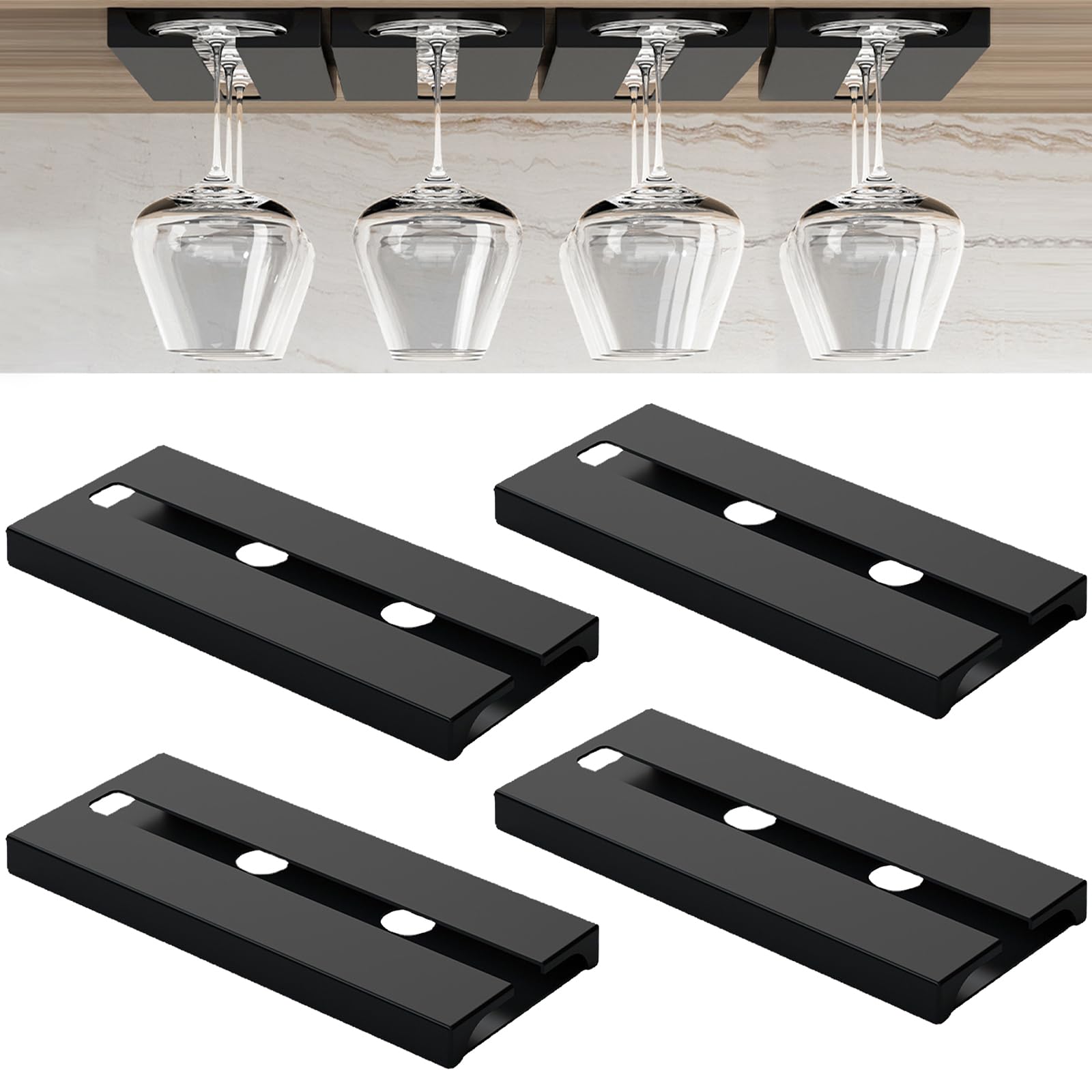 Sertay 4 Piezas Soporte Copa Vino Negro, Colgante Copa Vino Gabinete, Estante Copas Debajo Gabinete, Portavasos Vino Colgar Debajo, Cuelga Copas Vino, Adecuado para Apartamentos, Bares, Oficinas
