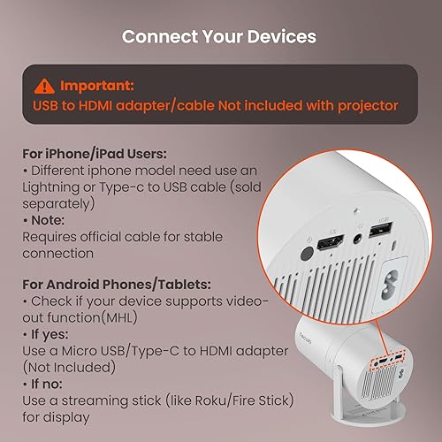 Miniatura 5 de Bluetooth bidireccional 5.2 Mini proyector portátil 4K 1080P proyección compatible, proyector inteligente Tecaki con soporte giratorio de 180,
