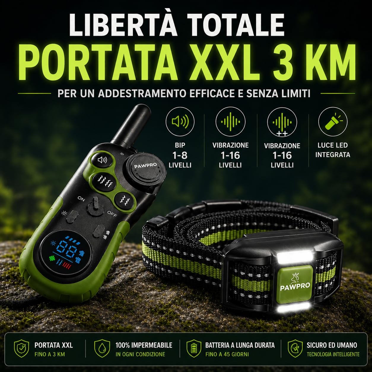 PAWPRO Collare di Addestramento, Conforme Nuova Legge Italiana Benessere Animale, Portata XXL 3 km, Modalità Luce Notturna, BIP Vibrazione Potenziata, Adatto Tutti Cani, Impermeabile (1 Collare)