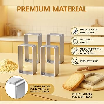 4 Pcs Rectangle Cookie Molds, Heavy Duty Steel Rectangle Biscuit Cutter Non-Stick Square Cookies Metal Moulds for Family Gatherings Baking