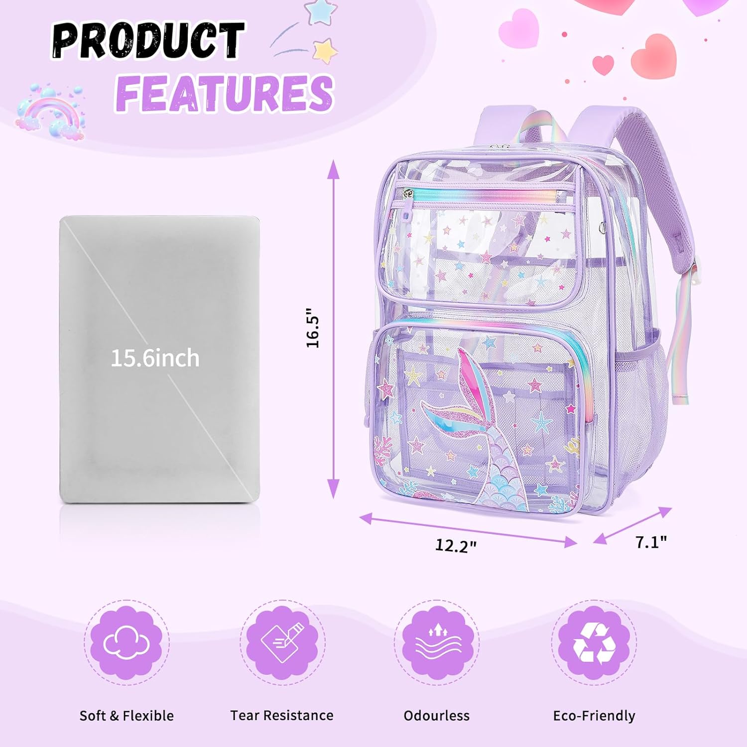 MOONBABY Clear Backpack for School Girls, Heavy Duty TPU Transparent Backpack Stadium Events Approved, Clear Bookbag - Image 6