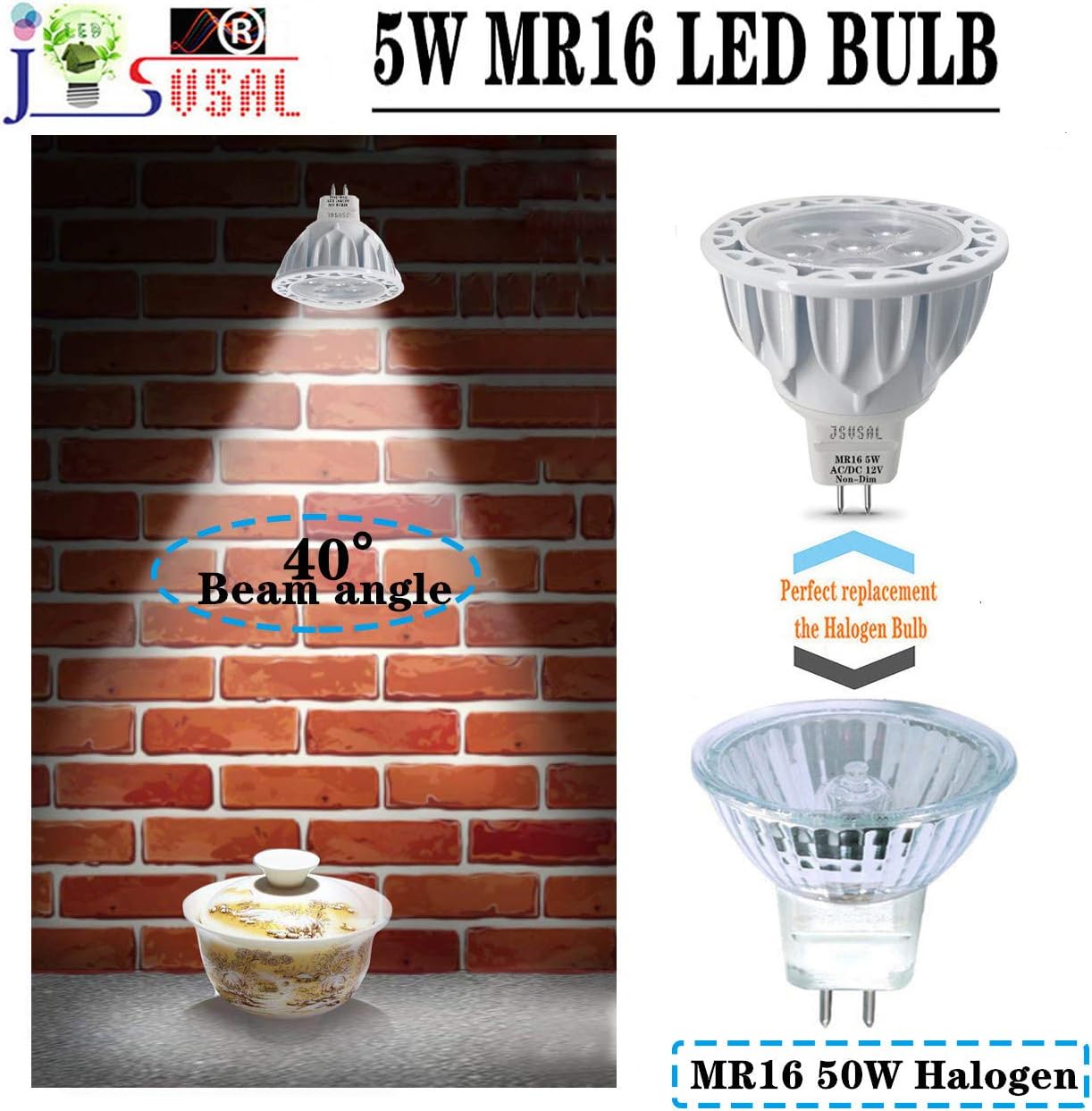 MR16 Led Bulbs 5W Replace 35W 50W Halogen Equivalent,Daylight White 5000K,12V Low Voltage MR16 GU5.3 Spotlight Bulb for Outdoor Landscape Flood Track Lighting,40 Deg,Not Dimmable,6-Pack