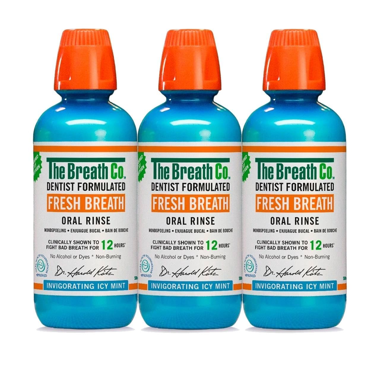 The Breath Co. Enjuague Bucal Fresh Breath Oxigenante – Formulado por Dentistas – Ayuda contra la Halitosis – Sin Alcohol – Sabor Menta Fuerte – 500 ml – Pack de 3