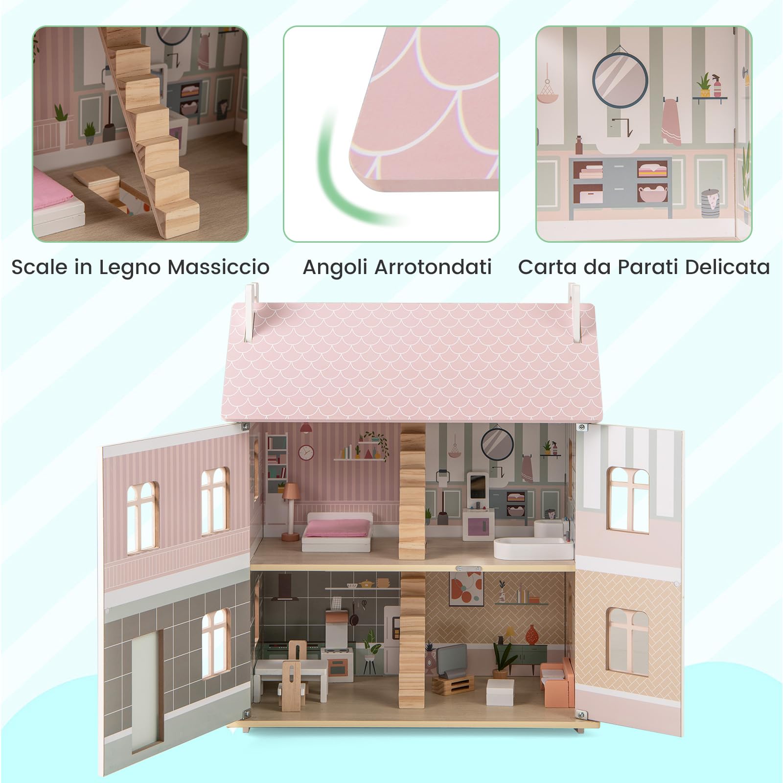 GYMAX Casa delle Bambole in Legno, Casa Giocattolo a 3 Livelli con Mobili e Accessori, con Tetti a 2 Lati, Porta Apribile, Scale in Legno Massiccio, Bambini 3 + anni