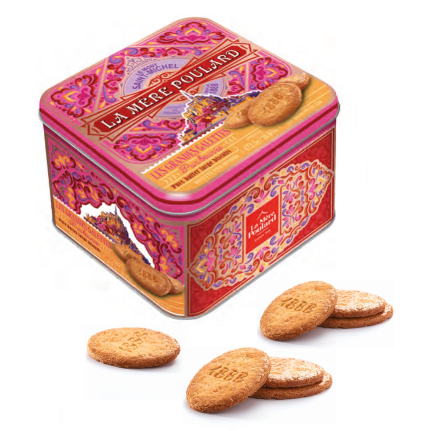 La Mère Poulard | Biscotti Puro Burro Salato Caramello | Latta Metallo Biscotti Francesi Burro Grandi Gallette - 472.5 Gr | Lattine Cucina Decori Frollini Regalo