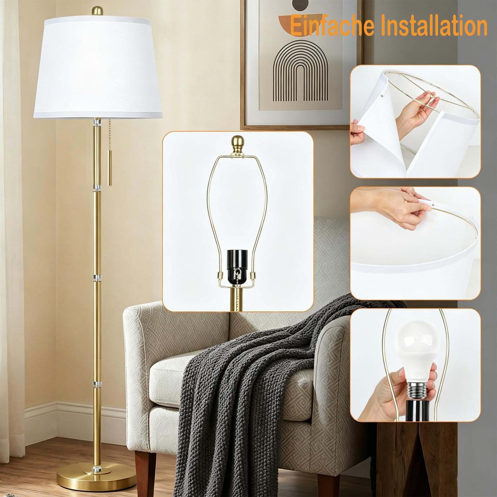 JUNNAI Stehlampe Wohnzimmer, 160 cm Modern Stehleuchte mit Leinen-Lampenschirm & E27 Birne 3 Farbtemperatur Standleuchte für Schlafzimmer Büro(9W LED-Glühbirne enthalten) -Gold