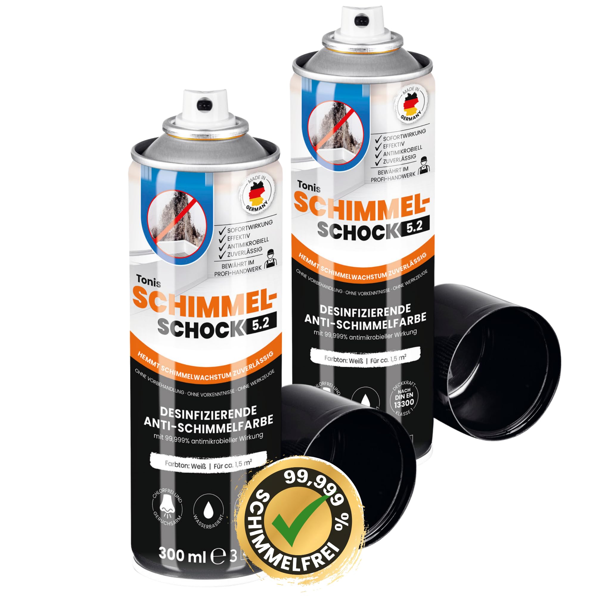 Tonis SCHIMMELSCHOCK 5.2 Anti-Schimmel-Farbe mit 99,999% antimikrobieller Wirkung 2er Set | Sprühfarbe für ca. 1,5 qm, wissenschaftlich nachgewiesene Sofortwirkung | Effektiv und zuverlässig