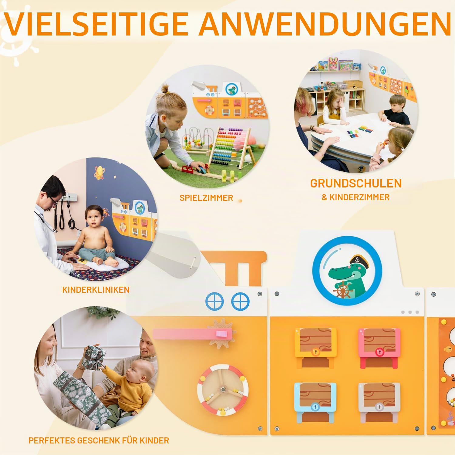 Monläurd Holzschiff Aktivität Wandpaneel für Kinder, sensorisches Wandspielzeug, Aktivitätswürfel, Wandspielzeug für Kleinkinder 1-3, Spielzimmer-Spielzeug, Kindertagesstättenmöbel, Montessori Busy