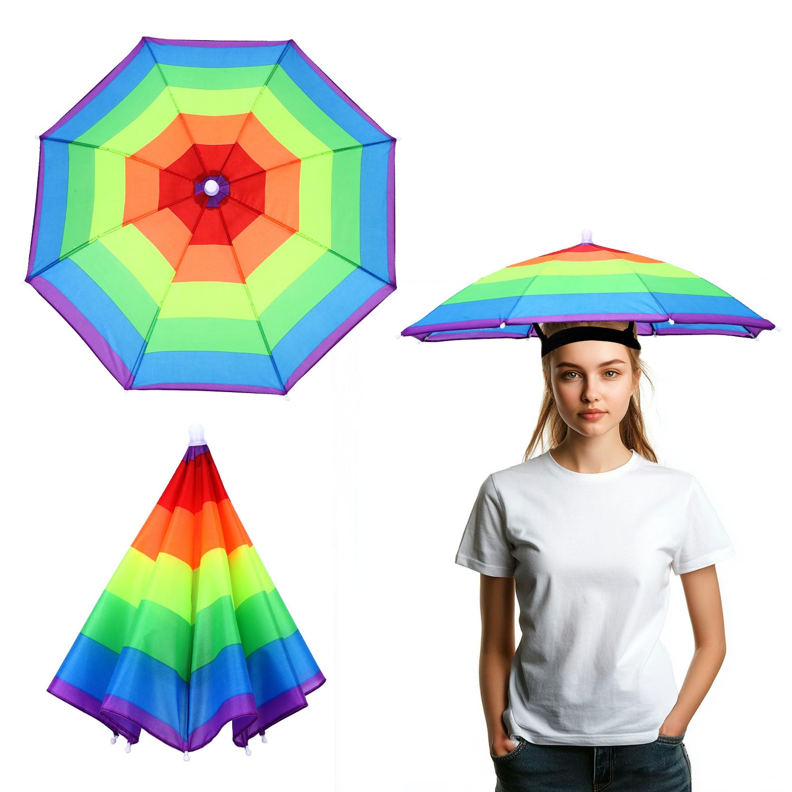 YELARXI Umbrella Hat, Fishing Hat Waterproof Adjustable Sun Rain Cap with Elastic Band, 21" & Rainbow - Fitting For(Women/Men Fishing/Camping/Gardening/Beach/Sunshade) โ image 1