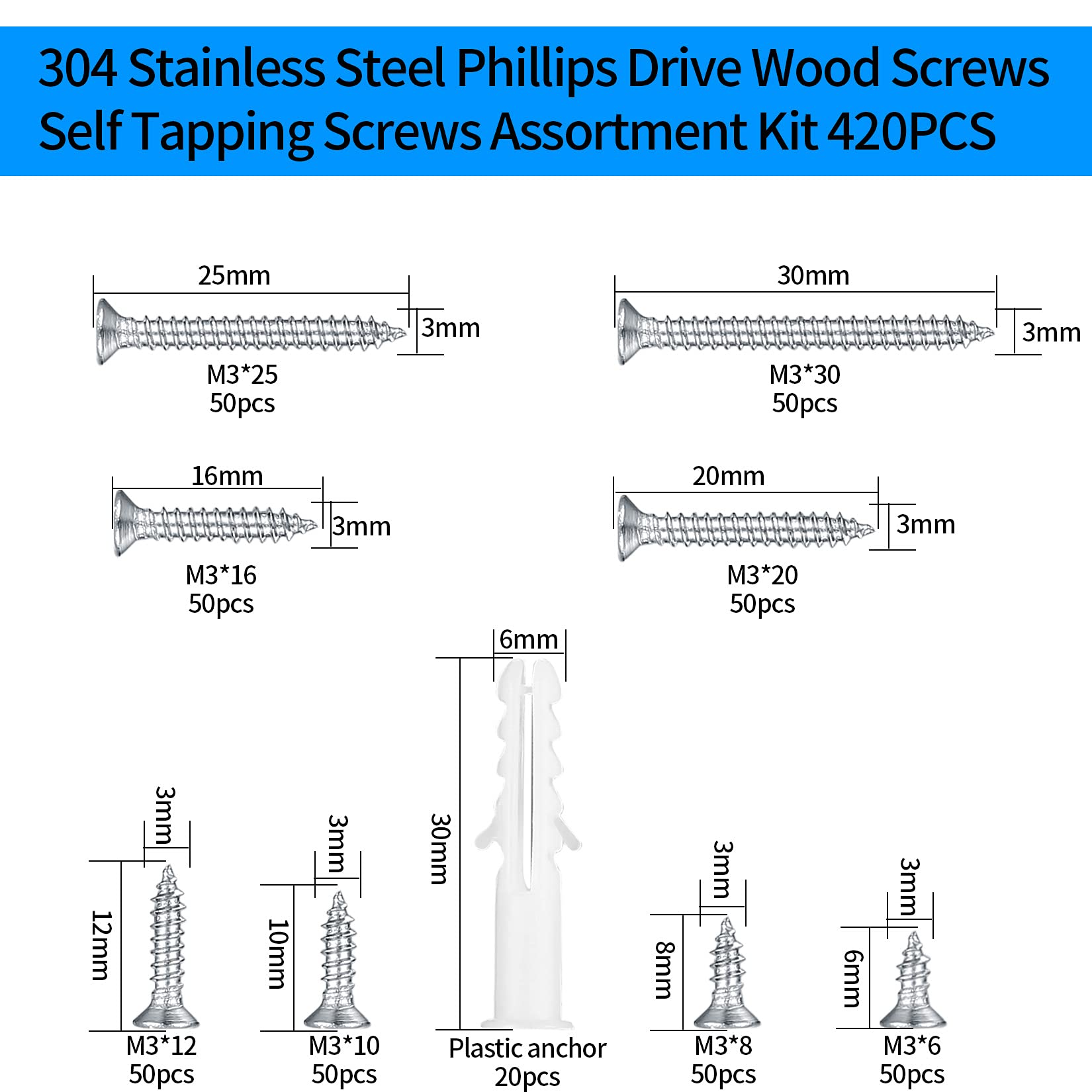 Zestaw 420 wkrętów samogwintujących M3, ze stali nierdzewnej 304, z łbem płaskim, 20 szt. śrub M6 – 6 mm/8 mm/10 mm/12 mm/16 mm/20 mm/25 mm/30 mm