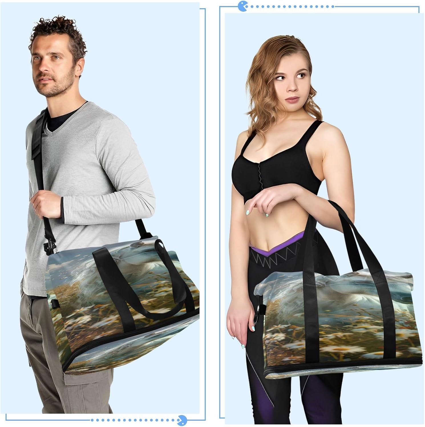 Funny White Pony Gym Bag - Weekender Overnight Bags for Women Men, Sport Travel Duffel Bag with Wet Pocket & Shoe Compartment