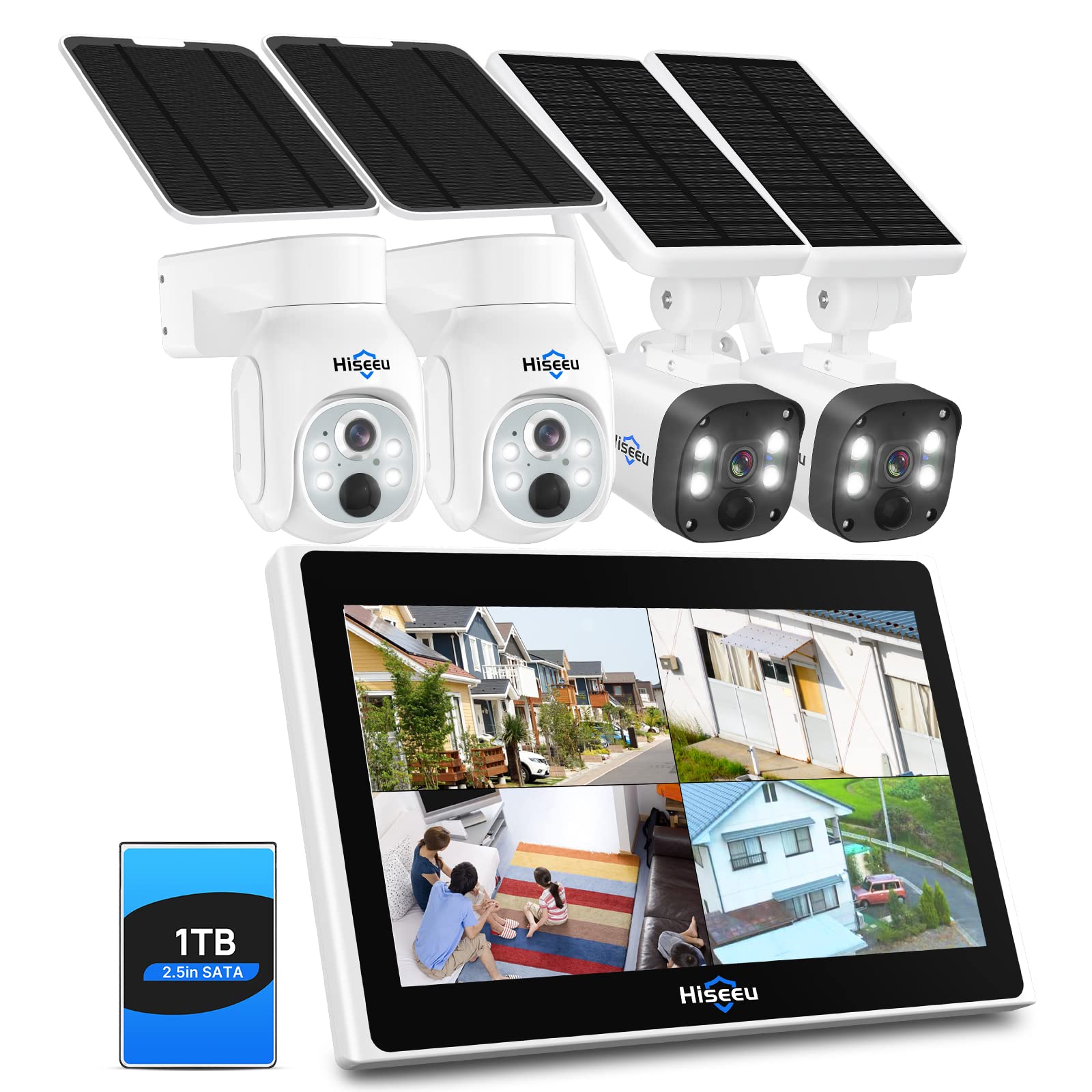 Hiseeu Wireless Security Camera System Outdoor,PTZ Dome + Bullet Solar-Powered Camera Outdoor,[1TB HDD,4MP Spotlight] 10CH 10 Inch LCD,Smart Human Detection,2-Way Audio, No Montly Fees