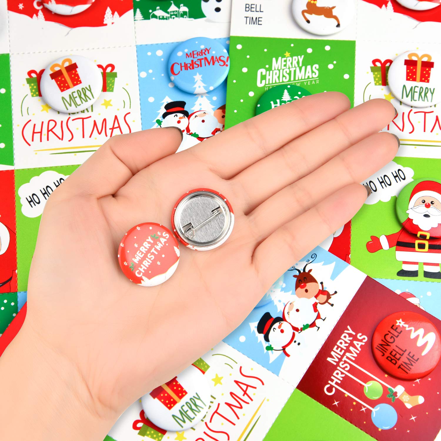 FEPITO 36 Pcs Botones de Feliz Navidad Botones Mini Pinback con Tarjetas de Navidad para Niños Suministros Fiesta de Navidad