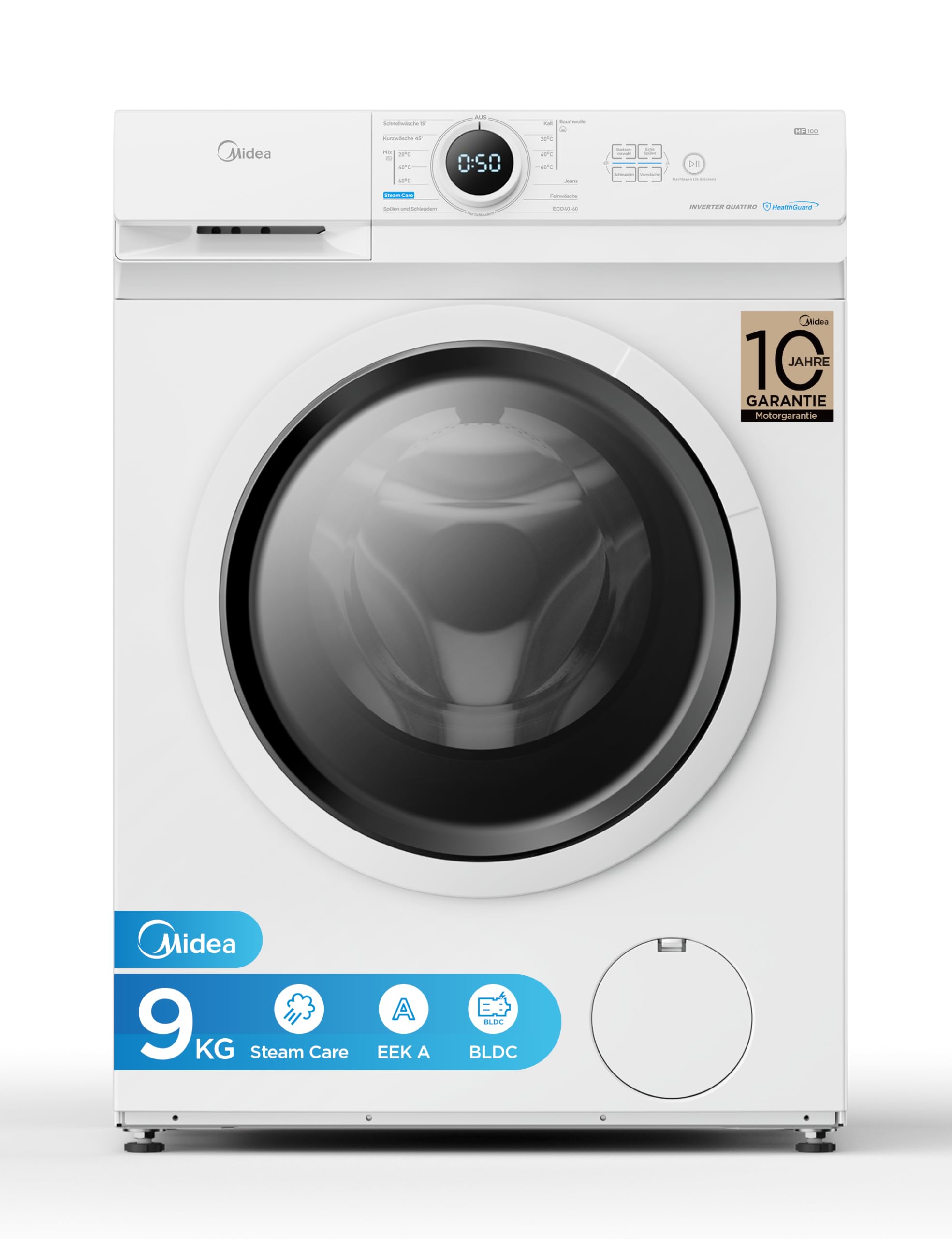 Midea MF10EW90B Waschmaschine / 9kg / 1400 U/Min/EEK A/Inverter Quattro Motor/Dampffunktion/Grosse Trommel/Nachlegefunktion/Kindersicherung/AquaStop, Weiß