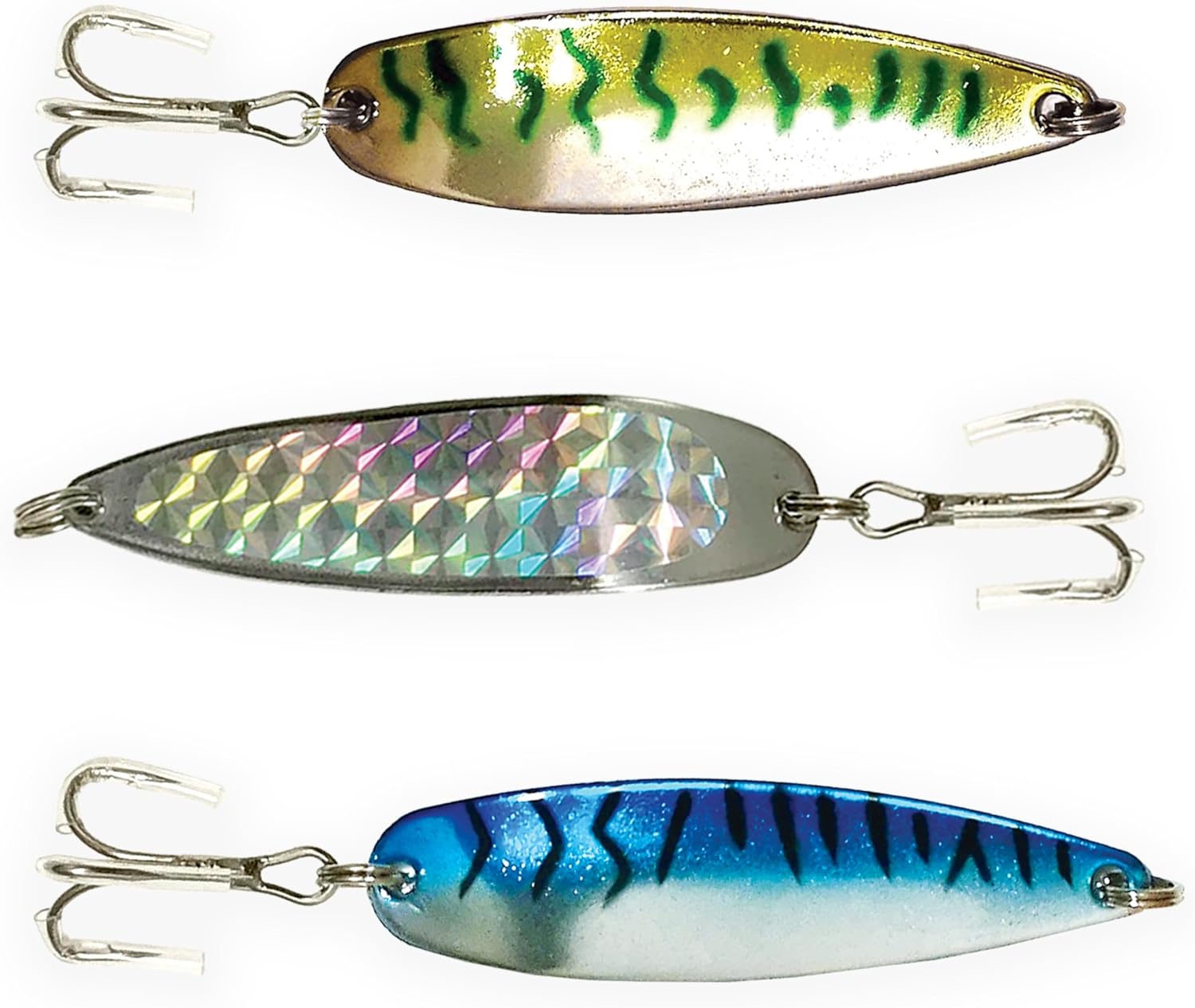 Crocodile Fishing Spoons 1oz, 12-Pack for Saltwater & Freshwater,Silver Prism & Mackerel Patterns for Tuna, Bass, Walleye, Trout, Heavy-Duty Treble Hooks