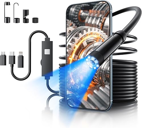 Endoscope Camera with Light, 1920P HD Bore Scope Borescope with 8 Lights, Waterproof 16.4FT Semi-Rigid Cord for Pipe Inspection, Industrial Endoscope for Phones(Black)