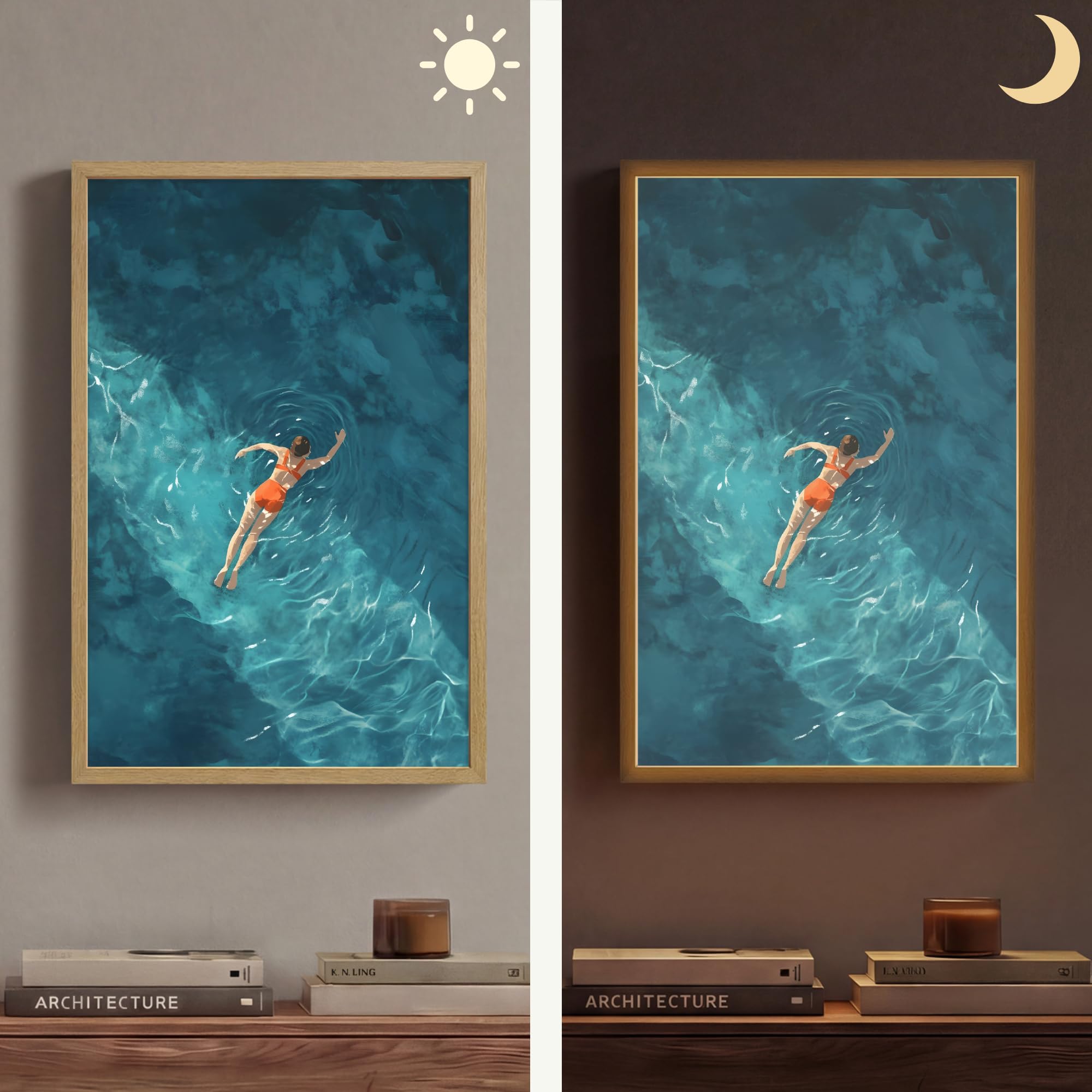 Moderne LED Wandleuchte Innen 40x60 cm Aufladbar Wandbeleuchtung Schlafzimmer Nachtlampe Flach Fernbedienung Warmes Still Licht Dimmbare Lampe Frau - Wasser - Bikini - Orange