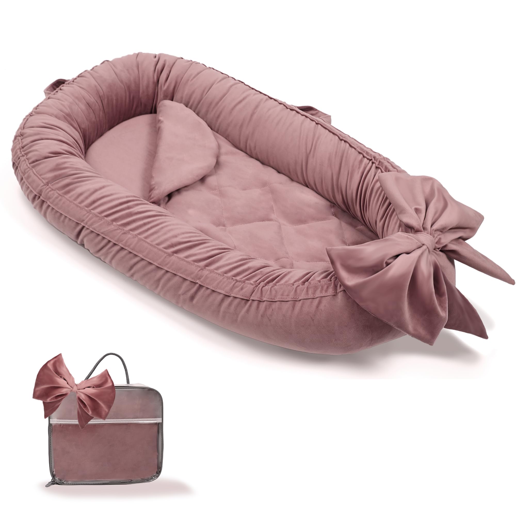 EAQ Baby Nest Pod for Newborn,Baby Sleep Pod Soft Breathable Napping or Traveling for 0-12 Months,Travel & Baby Essentials for newborn (Bean paste pink)
