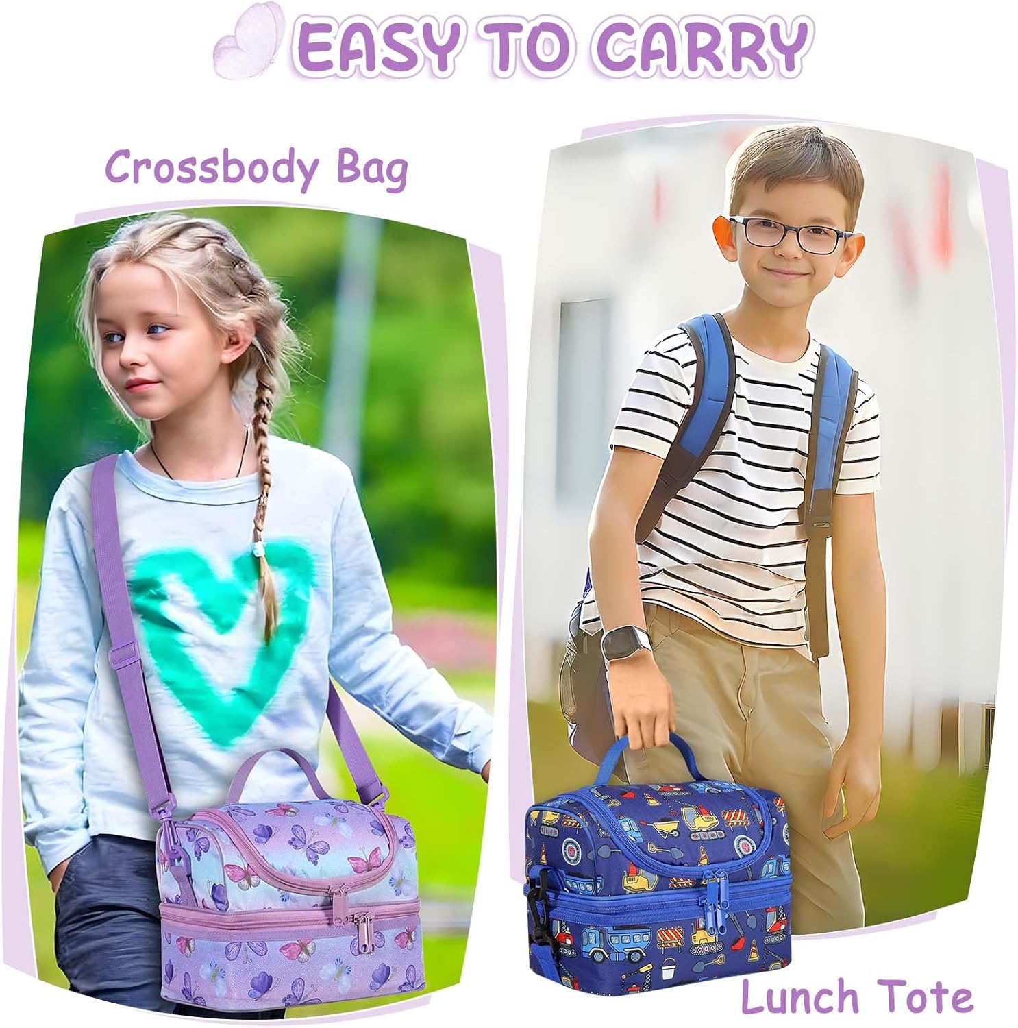 Kasqo Lunch Box Bag for Girls, 6.5L Insulated Reusable Dual Decker Compartments Cooler Bag for Kids/School/Picnic/Travel Purple Butterfly - Image 7