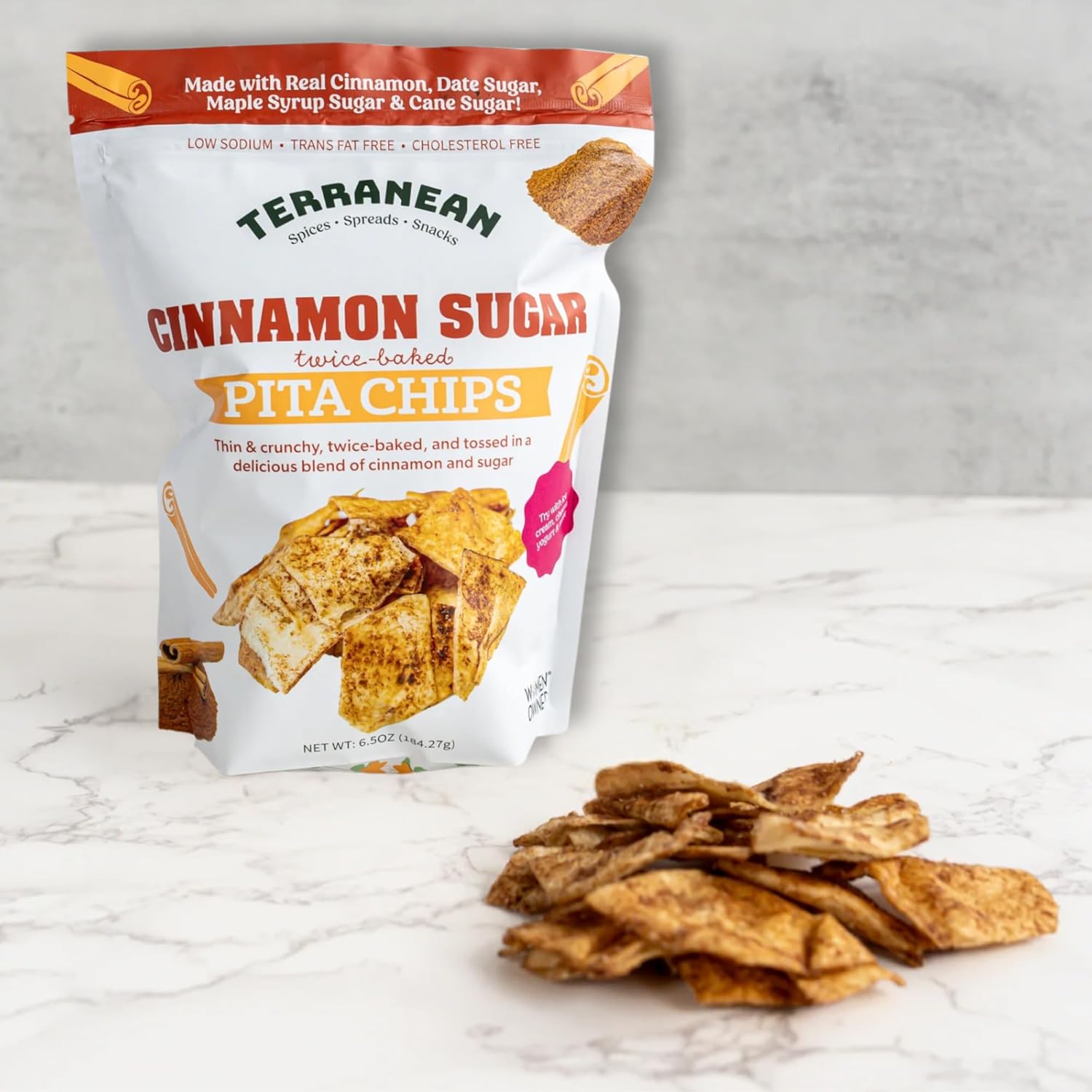 Terranean Pita Chips - (Cinnamon Sugar) | Authentic Twice-Baked Chips, Thin & Crunchy Snacks | Halal, Kosher Certified