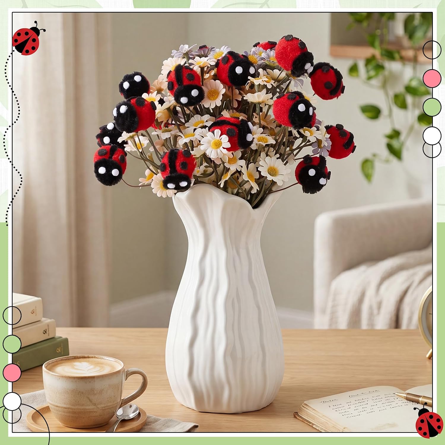6 Pcs 3D Ladybug Felt Picks 9.45 Inch Ladybug Stems Decoration Insect Branch Pick Bulk for Tree Vase Filler DIY Crafts, Floral Farmhouse Decor for Pots Yard Lawn Baby Shower Spring Party