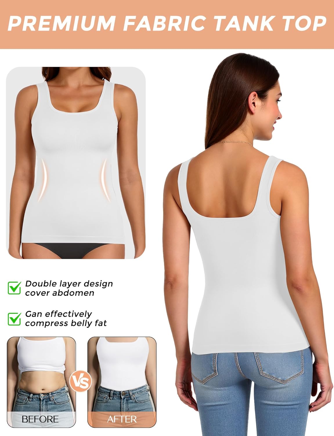 AURUZA 2PCS Women's Shapewear Tummy Control U Neck Camisole Tops for Women Seamless Compression Tank Top Regular Plus Size - Image 4