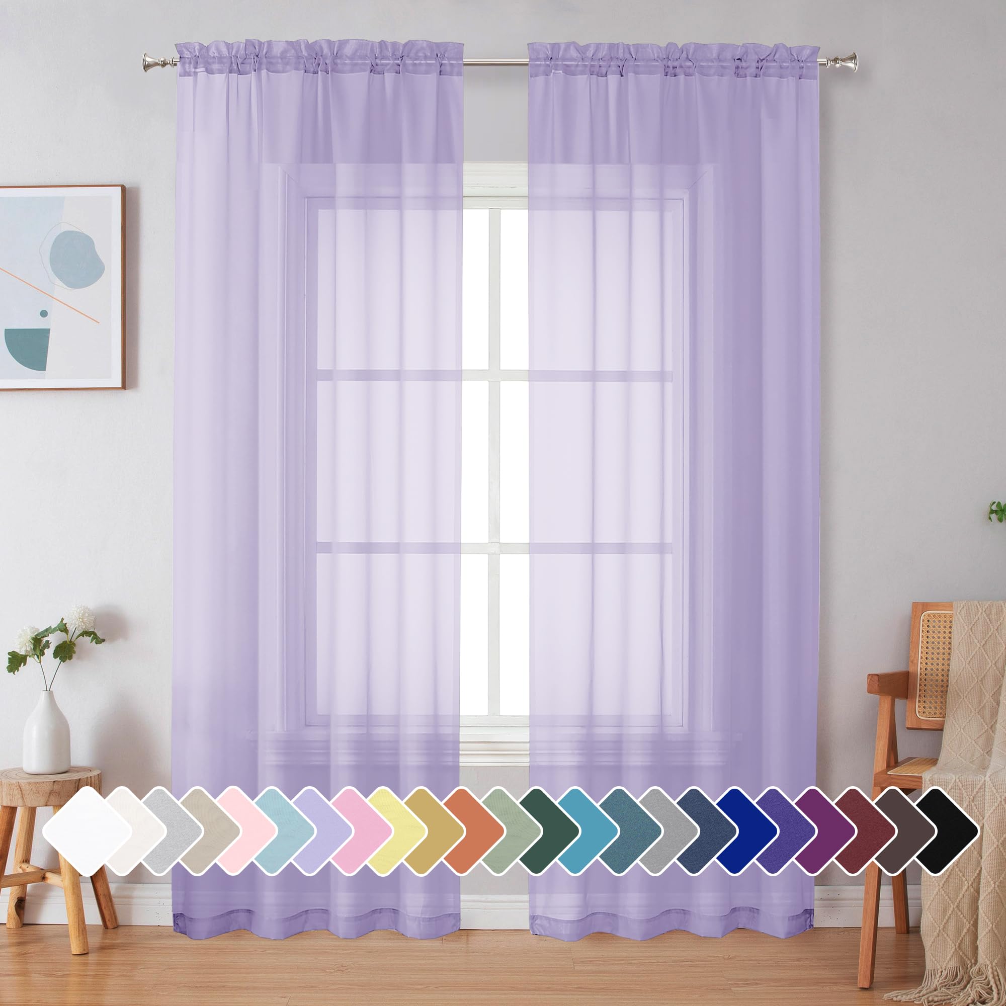 Simplebrand Lavender Sheer Curtains 90 Inches Long 2 Panels for Living Room