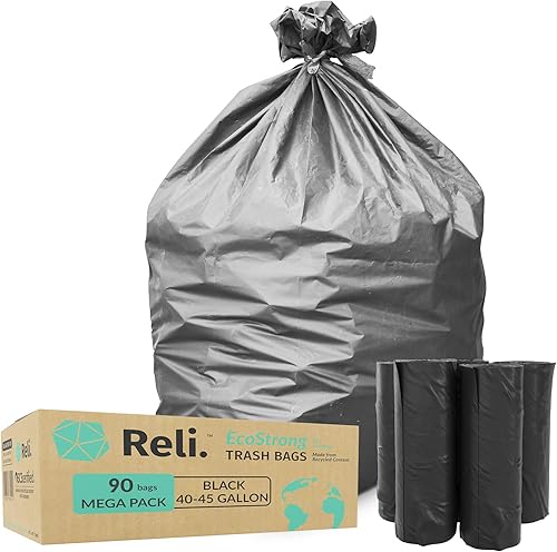 Miniatura 1 de Reli. EcoStrong Bolsas de basura negras de 40 a 45 galones (90 unidades) reciclables y ecológicas, 40 galones, 44 galones, bolsas de basura negras